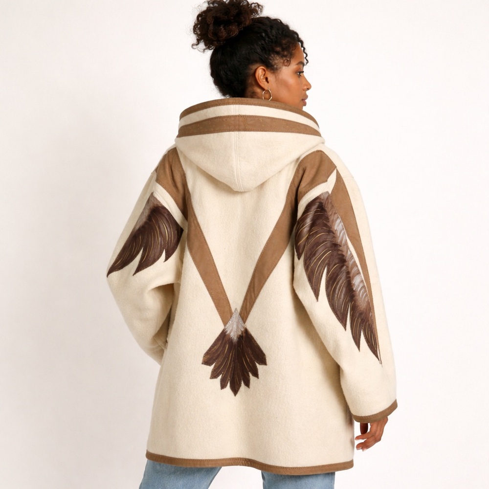 Vtg Hooded Parka Créations Nord-Est Boiled wool Eagle leather appliqué Oversized